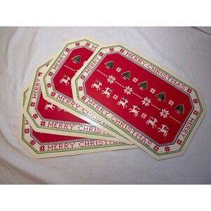 Vintage OTC Merry Christmas Vinyl Placemats Set of 4 Reindeer Trees Red Retro